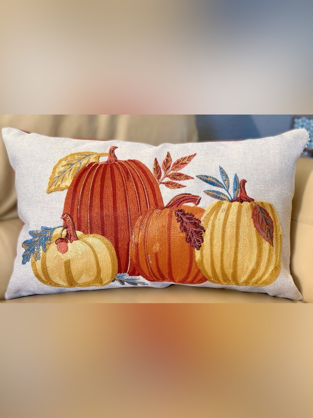 12x20 Elegant Embroidered Harvest Fall Autumn Gold Orange Pumpkins Pillow Cover